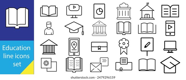 Conjunto de iconos de Educación y aprendizaje Conjunto de iconos de vectores de esquema relacionados con la educación, Conjunto de iconos de línea de Vector de la educación para conceptos modernos, Web y App. Conjunto de signos y símbolos planos para Web y App