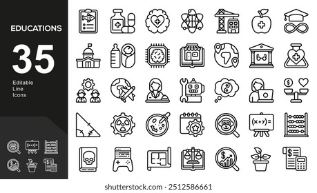 Education and learning icon set Outline vector icons related with education, success, academic subjects and more.