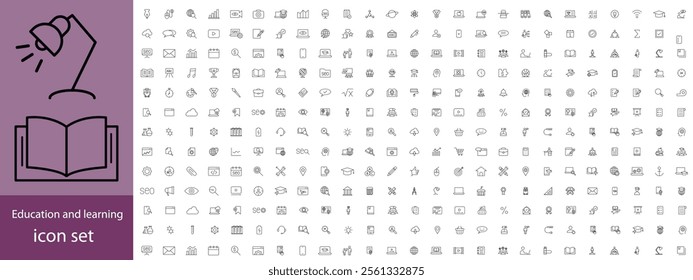 Education and learning icon set Outline vector icons related with education, success, academic subjects and more.