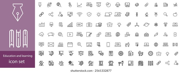 Education and learning icon set Outline vector icons related with education, success, academic subjects and more.