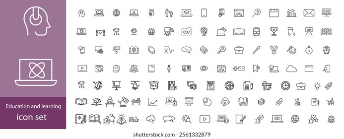 Education and learning icon set Outline vector icons related with education, success, academic subjects and more.