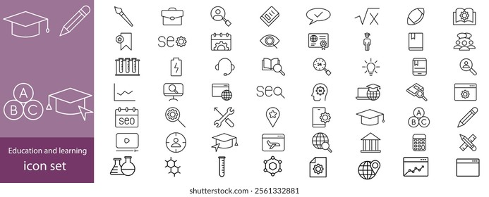 Education and learning icon set Outline vector icons related with education, success, academic subjects and more.