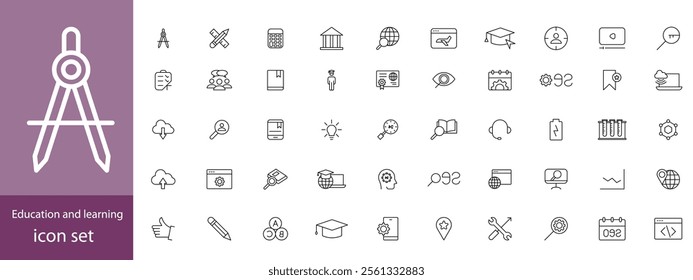 Education and learning icon set Outline vector icons related with education, success, academic subjects and more.