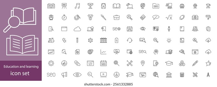 Education and learning icon set Outline vector icons related with education, success, academic subjects and more.