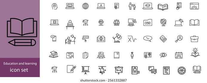 Education and learning icon set Outline vector icons related with education, success, academic subjects and more.