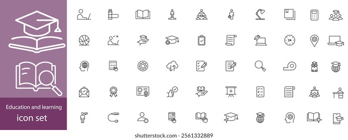 Education and learning icon set Outline vector icons related with education, success, academic subjects and more.