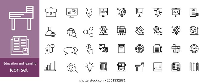 Education and learning icon set Outline vector icons related with education, success, academic subjects and more.