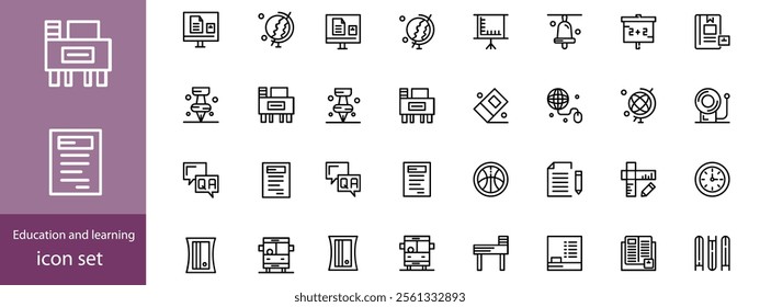 Education and learning icon set Outline vector icons related with education, success, academic subjects and more.