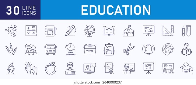 Education and learning icon set Outline vector icons related with education, success, academic subjects and more.