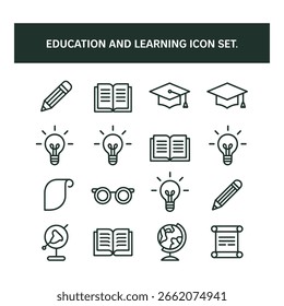 Bildung und Lernen Icon Set mit Bleistiften Bücher Graduiertenkappen und Glühbirnen für Wissen und Studium