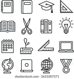 Education and learning icon set of school supplies and academic elements in line art