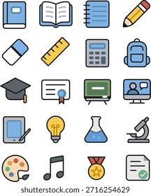Conjunto de íconos de Educación y aprendizaje, escuela, estudio, Ciencia y creatividad. Conjunto de iconos de Vector plano que ilustra conceptos de educación y aprendizaje, incluidos libros, cuadernos, lápices, Regla, calculadora, mochila, gorra de graduación, diploma, tablero de clase, aprendizaje en línea, laboratorio de ciencias, microscopio, idea de bombilla, paleta de arte, notas musicales y medallas de logros. Perfecto para plataformas de e-learning, Sitios web escolares, App educativos, presentaciones y diseños de infografías.