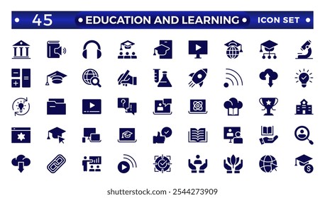 Education and learning icon set. Solid vector icons related to education, success, academic subjects, and more. 
