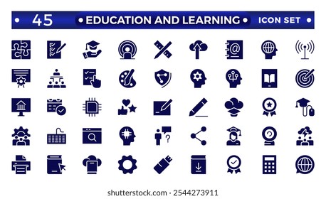 Education and learning icon set. Solid vector icons related to education, success, academic subjects, and more. 

