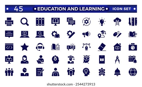 Education and learning icon set. Solid vector icons related to education, success, academic subjects, and more. 
