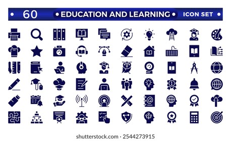 Education and learning icon set. Solid vector icons related to education, success, academic subjects, and more. 
