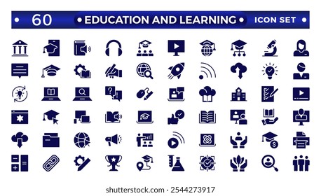 Education and learning icon set. Solid vector icons related to education, success, academic subjects, and more. 
