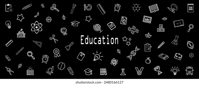 Education and learning icon set. white line flat icons. back to school.