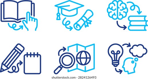 Education learning icons book study knowledge acquisition online courses academic websites creative thinking skills development.