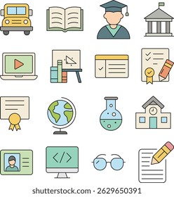 Education and learning  icons collection. Each icon is cleanly designed with a consistent color palette, ideal for use in school presentations, online courses, educational apps, and infographics. 