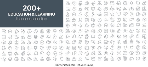 colección de íconos de Educación y aprendizaje que incluye libros, diplomas, cerebros, herramientas científicas y símbolos académicos en estilo lineal minimalista. Adecuado para la escuela, la universidad y los cursos en línea visuales