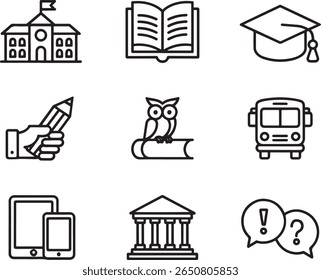 Coleção de Ícones de Educação e Aprendizagem Representando Símbolos de Escola, Livros, Graduação, Escrita, Sabedoria, Transporte, Tecnologia e Comunicação