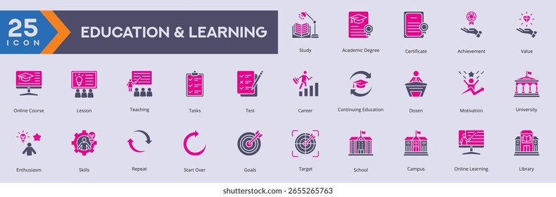 Bildung und Lernen Icons Sammlung Vektorbilder im Duotone-Stil
mit mehreren Studie, akademischen Grad, Zertifikat, Leistung, Wert, Online-Kurs.
für Web- und Anwendungssymbole.
