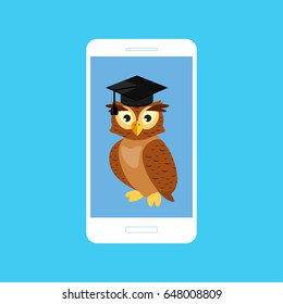 Education and learning icons graphic design with owl in graduate cap on the smartphone screen. Education online or elearning theme concept. 