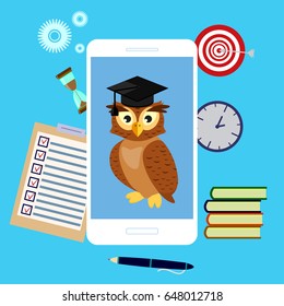 Education and learning icons graphic design with owl in graduate cap on the smartphone screen. Concept of education, infographics with target, clock, hourglass, pen and exam tests.