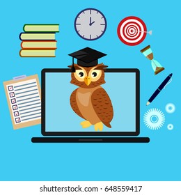 Education and learning icons graphic design with owl in graduate cap on the laptop screen. Concept of education, infographics with target, clock, hourglass, pen and exam tests.