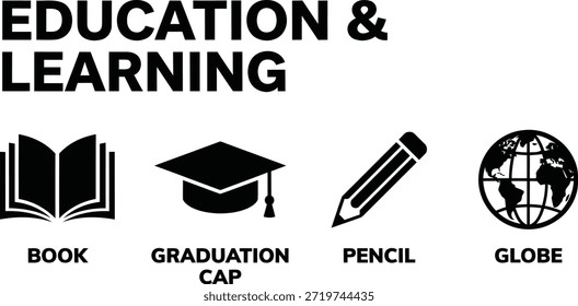Education and learning icons including book, graduation cap, pencil, and globe, symbolizing knowledge, growth, and achievement