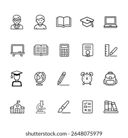 Education and Learning Icons: A meticulously crafted set of educational icons, rendered in a clean line art style, representing various aspects of learning, knowledge, and academic pursuit.