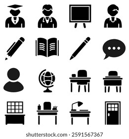 Education and Learning Icons – School, Books, Graduation, and Classroom Symbols