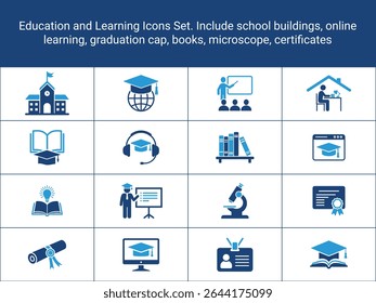 Education and Learning Icons Set. Include school buildings, online learning, graduation cap,
books, microscope, certificates. education elements vector, solid, flat icons
