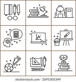 Education and learning icons vector collection representing knowledge acquisition and skills.