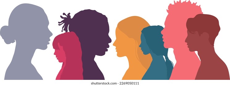 Education, learning, interaction between multiethnic people. Сhildren and teenager psychology. Vector illustration isolated on transparent background.	