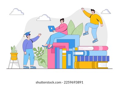 Education and learning knowledge concept with characters. School, university and college graduation. Personal growth degree and development using book research, teacher and literature.