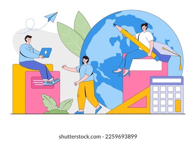 Education and learning knowledge concept with characters. School, university and college graduation. Personal growth degree and development using book research, teacher and literature.