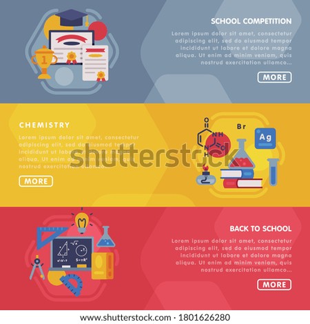 Education and Learning Landing Page Templates Set, Back to School School, Competition, Chemistry Horizontal Banners Style Vector Illustration