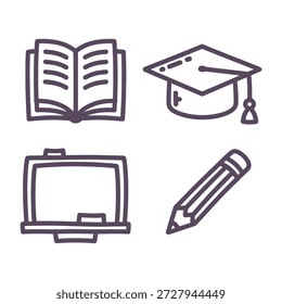 Education and Learning Line Art - Book, Graduation Cap, Blackboard and Pencil