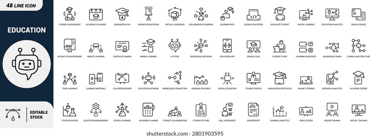 Education learning line art icons set, graduation cap, student, online class, certificate, book, whiteboard, AI tutor, STEM, Web icon, App icon, Outline icon, Editable stroke, line art, Vector EPS