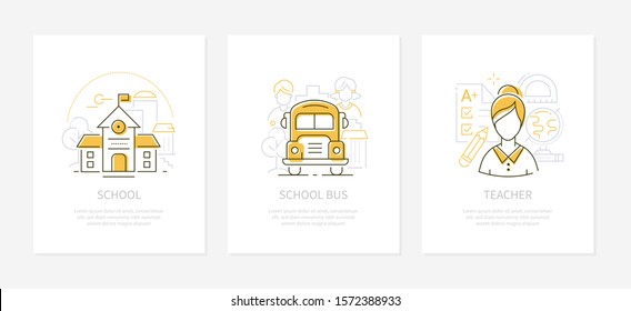 Education and learning - line design style banners with place for your text. Images of school building, bus, teacher. Linear illustrations with icons. Tests, students, globe and ruler elements