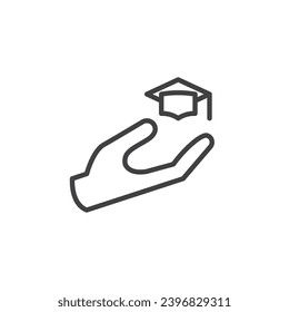 Bildungs- und Lernzeilensymbol. Akademischer Hut, handlineares Design für mobiles Konzept und Webdesign. Hand und Graduierung, die Vektorsymbol umrissen. Wissenssymbol, Logo-Illustration. Vektorgrafik