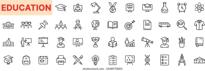 Education and Learning Line Icon Set Featuring Graduation Cap, Teacher, Book, Blackboard, Medal, Microscope, DNA, School Building, Student, Bus, Certificate, Lightbulb, and Document Icon Design
