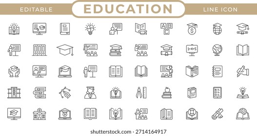 Conjunto de Ícones da Linha Educação e Aprendizagem. Ferramentas Escolares, Assuntos, Ciência e Estudo Online Ilustração de Vetor de Linha Fina