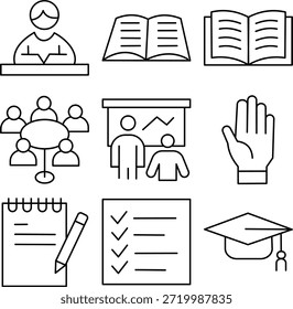 Conjunto de iconos de líneas de Educación y aprendizaje con escuela, libros y estudiantes.
