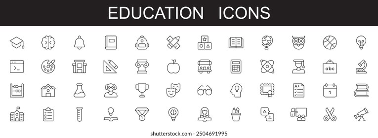Education and learning line icons set editable stroke . on white background, e learning, education, school, book, study, vector, illustration,