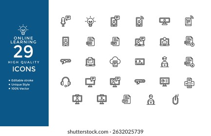 Education and Learning Line Icons Set – Editable Stroke Vector Collection for Online Classes, Seminar, Webinar, and Conference
