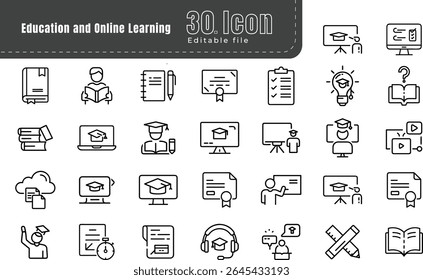 Conjunto de ícones de linha de educação e aprendizagem. Pixel perfeito. Arquivo de traçado editável de estrutura de tópicos fina.  Contendo aprendizagem, escola, conhecimento, estudo, livro, webinar, e-learning, 