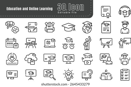 Conjunto de ícones de linha de educação e aprendizagem. Pixel perfeito. Arquivo de traçado editável de estrutura de tópicos fina.  Contendo aprendizagem, escola, conhecimento, estudo, livro, webinar, e-learning, 